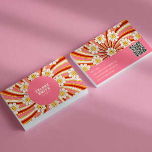 Retro Groovy Pink Farbiger QR Code 70er Floral Visitenkarte