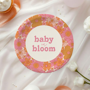 Retro Groovy Pink Hippie Baby in Bloom   Boho Pappteller