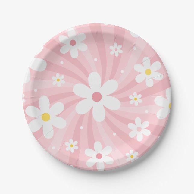 Retro Groovy Pink Sunshine Daisy Floral Hippie Pappteller (Vorderseite)