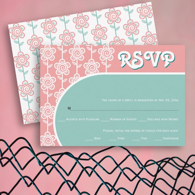Retro Groovy Pink und Aqua 70er Hochzeit RSVP Karte (Von Creator hochgeladen)