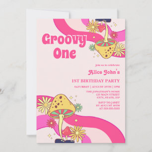 Retro Groovy Psychedelic Mushroom Pink Geburtstag Einladung
