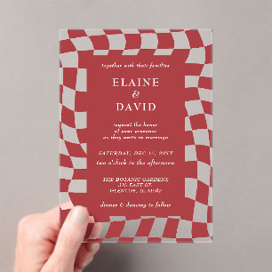 Retro Groovy Red Checkerboard Wedding Acryleinladungen