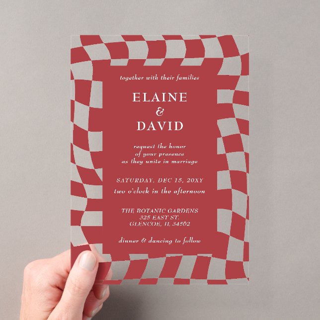 Retro Groovy Red Checkerboard Wedding Acryleinladungen (Insitu (Handheld))