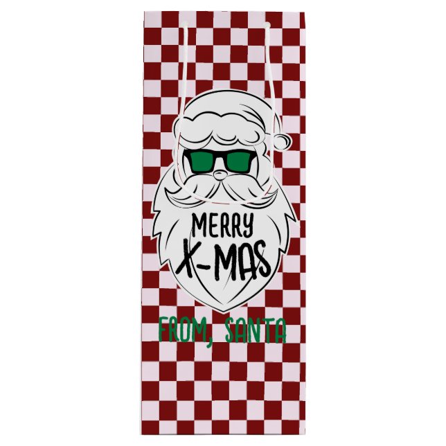 Retro Groovy Red Checkered Santa Claus Christmas  Geschenktüte Für Weinflaschen (Vorderseite)