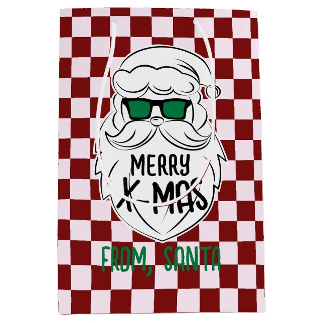 Retro Groovy Red Checkered Santa Claus Christmas  Mittlere Geschenktüte (Vorderseite)