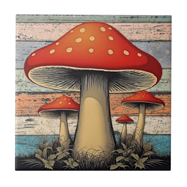 Retro Groovy Red Mushrooms auf Rustikalem Holz Fliese (Vorderseite)