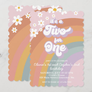 Retro Groovy Regenbogen - Zwei-für-Eins-Einladung Einladung