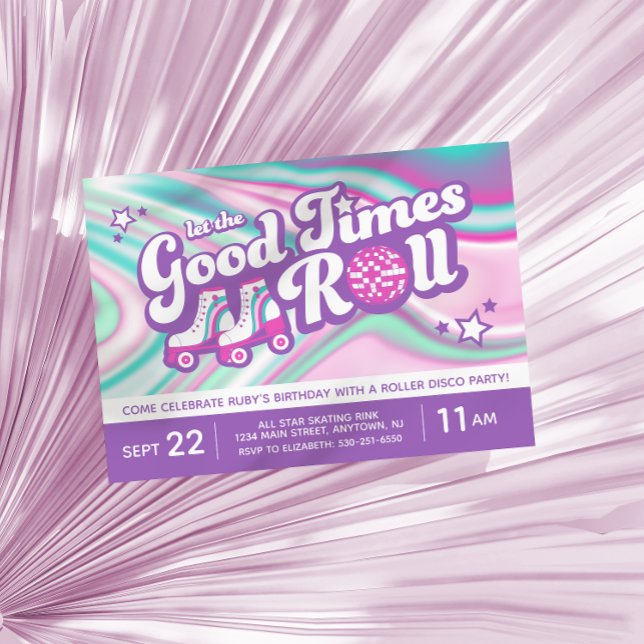 Retro Groovy Roller Skaten Party Lila & rosa Einladung (Von Creator hochgeladen)