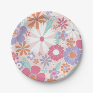 Retro Groovy Rosa Blumen Papier Teller