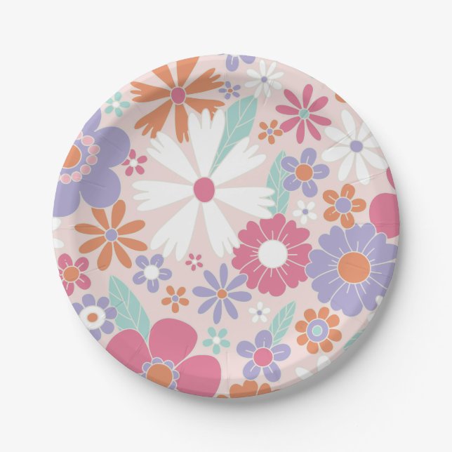 Retro Groovy Rosa Blumen Papier Teller (Vorderseite)
