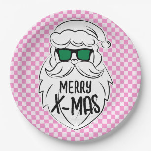 Retro Groovy Rosa Karierter Weihnachtsmann Weihnac Pappteller
