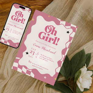 Retro Groovy Rosa Karo Oh Mädchen Baby Shower Einladung