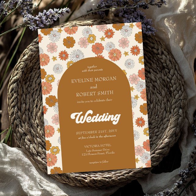 Retro Groovy rosa, rosafarbener, orangefarbener El Einladung (Retro groovy dusty orange ivory brown autumn invitation)