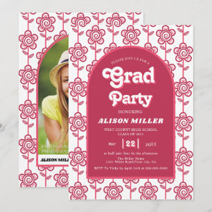 Retro Groovy rosa und aqua Blume 70er Abschluss Einladung