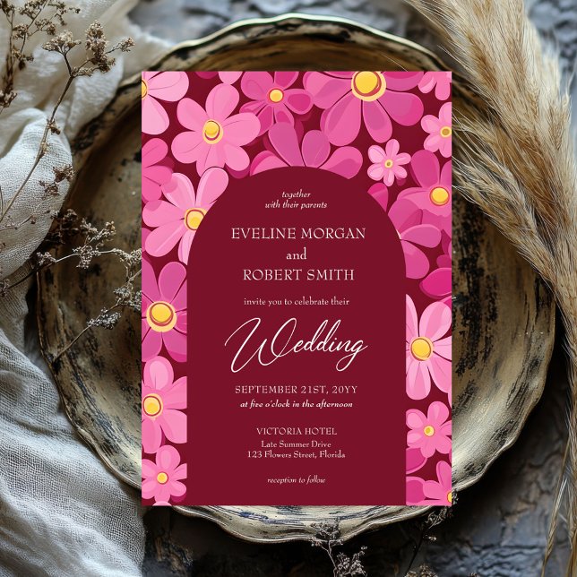 Retro Groovy rosa und gelbe Blumen Boho arch Einladung (retro groovy magenta pink and yellow flowers wedding invitation)
