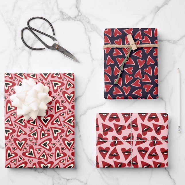 Retro Groovy Rote Doodle-Herzen Valentinstag Geschenkpapier Set (Vorderseite)