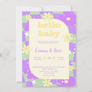 Retro-groovy-Schachbrett-Baby-Party-Einladung Einladung