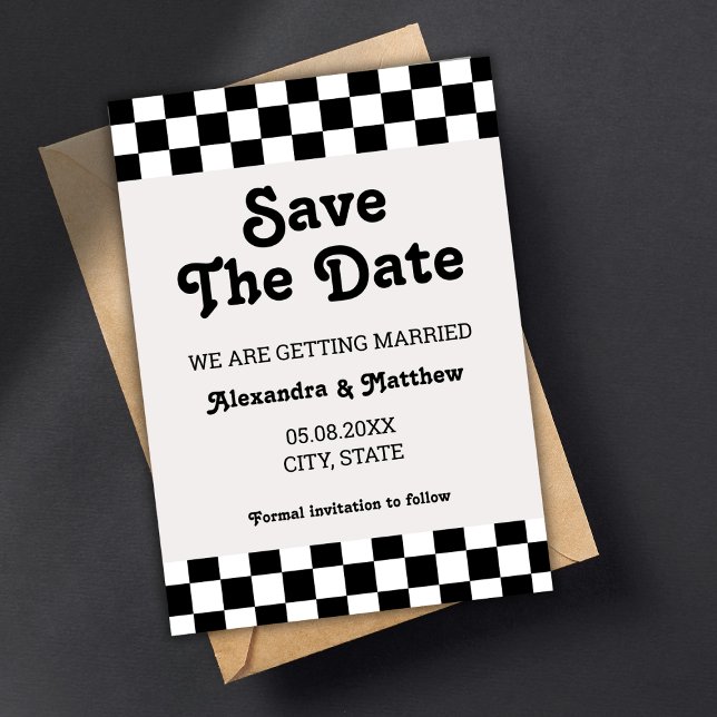 Retro Groovy Schwarz und Weiß kariert Save The Date (retro save the date card checkerboard classic black and white groovy)