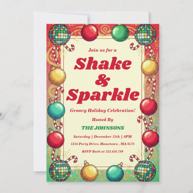 Retro Groovy Shake & Sparkle Weihnachtsfeier Einladung (Vorderseite)