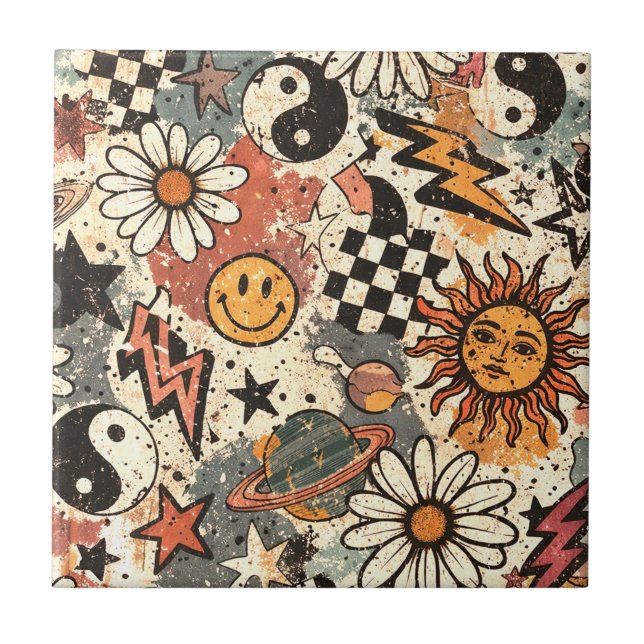 Retro Groovy Smiley Sun Daisy Psychedelic Pattern Fliese (Vorderseite)