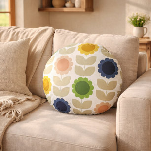 Retro Groovy Sommer Blumen Stiele Rundes Kissen