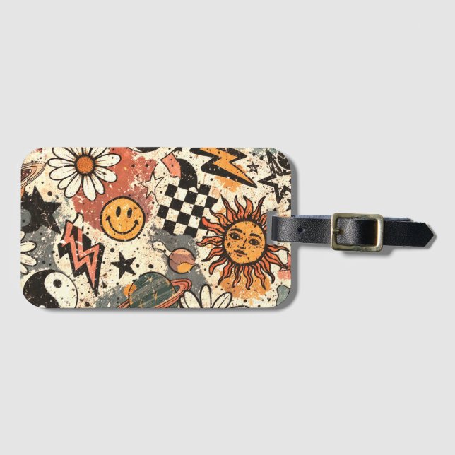 Retro Groovy Sticker Collage Pattern Smiley Face Gepäckanhänger (Vorderseite (Horizontal))