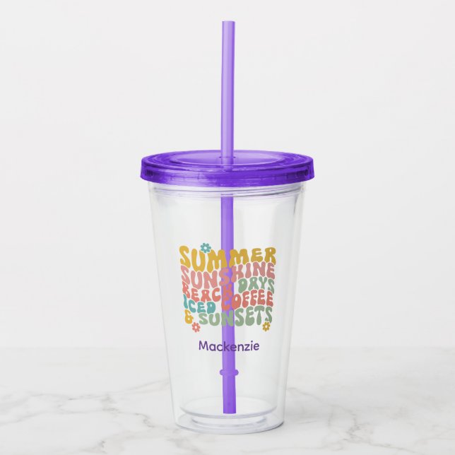 Retro Groovy Summer Pink Monogram Name Acryltrinkbecher (Vorderseite)