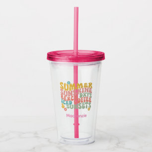 Retro Groovy Summer Pink Monogram Name Acryltrinkbecher