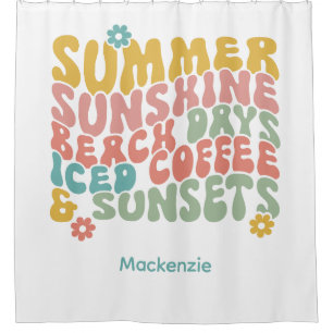 Retro Groovy Summer Pink Monogram Name Duschvorhang