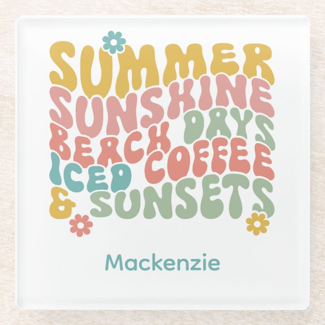 Retro Groovy Summer Pink Monogram Name Glasuntersetzer (Vorderseite)