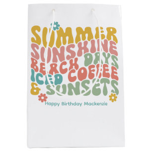 Retro Groovy Summer Pink Monogram Name Mittlere Geschenktüte