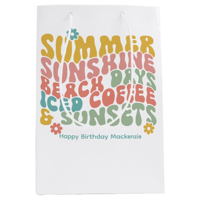 Retro Groovy Summer Pink Monogram Name Mittlere Geschenktüte (Vorderseite)
