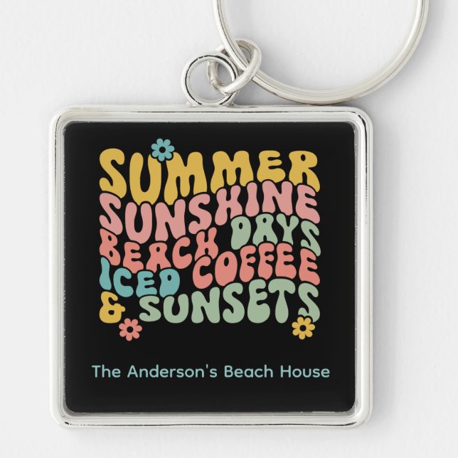 Retro Groovy Summer Pink Monogram Name Schlüsselanhänger (Vorne)