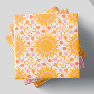 Retro Groovy Sun Peace Pattern Gelb Orange Pink Fliese