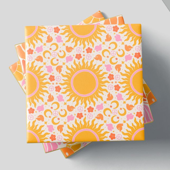 Retro Groovy Sun Peace Pattern Gelb Orange Pink Fliese (Von Creator hochgeladen)