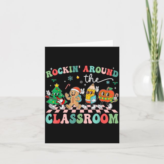 Retro Groovy Teacher Christmas Rockin' Around The  Karte (Vorderseite)