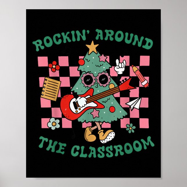 Retro Groovy Teacher Christmas Rockin' Around The  Poster (Vorne)