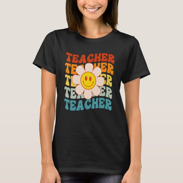 Retro Groovy Teacher Happy Face Cute Daisy Flower  T-Shirt (Vorderseite)