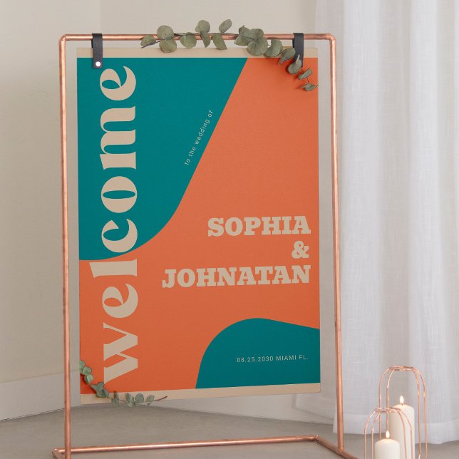 Retro groovy teal beige typography welcome wedding poster (Von Creator hochgeladen)