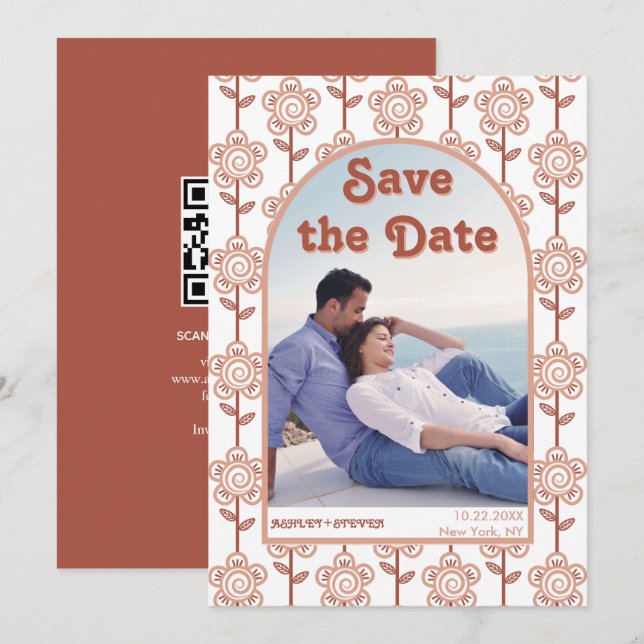 Retro Groovy Terracotta 70er inspiriert Hochzeit Save The Date (Vorne/Hinten)