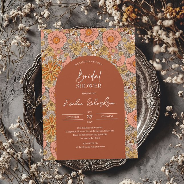 Retro Groovy türkis Boho Boho Arsch orange rosa Einladung (Retro groovy turquoise boho arch orange pink invitation)