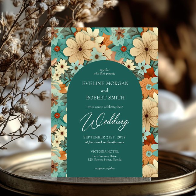 Retro Groovy türkisfarbene, hellorange Blume Einladung (turquoise cream pale orange retro groovy flowers wedding invitation)