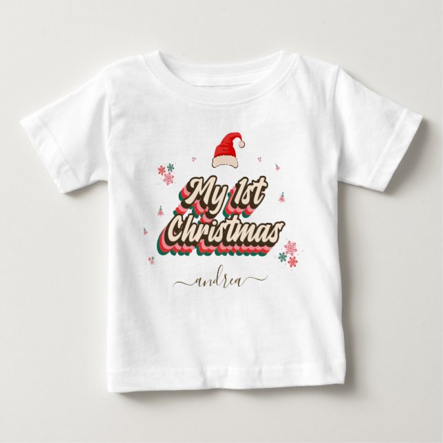 Retro Groovy Typografie 1. Weihnachtsmädchen Baby T-shirt (Vorderseite)
