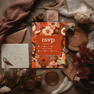 Retro Groovy verbranntes orange florales Hochzeit RSVP Karte