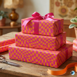 Retro Groovy Verzerrtes Schachbrettmuster Hot Pink Geschenkpapier