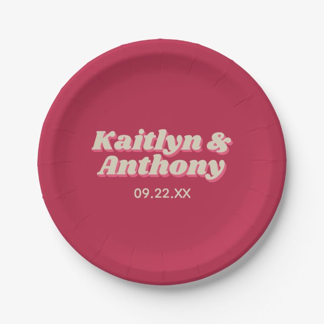 Retro Groovy Viva Magenta Wedding Pappteller (Vorderseite)