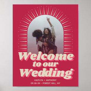 Retro Groovy Viva Magenta Wedding Willkommen in de Poster