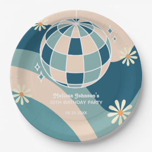 Retro Groovy Wave Disco Ball Daisy Green Geburtsta Pappteller