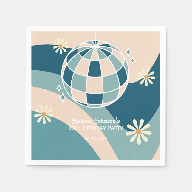 Retro Groovy Wave Disco Ball Daisy Green Geburtsta Serviette (Vorderseite)