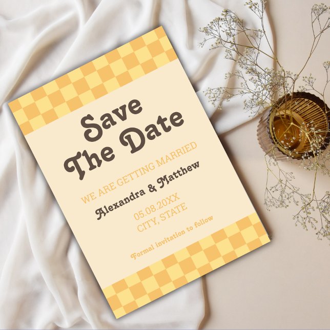 Retro Groovy Yellow Orange Checkered Save The Date (retro save the date card groovy checkers yellow orange)